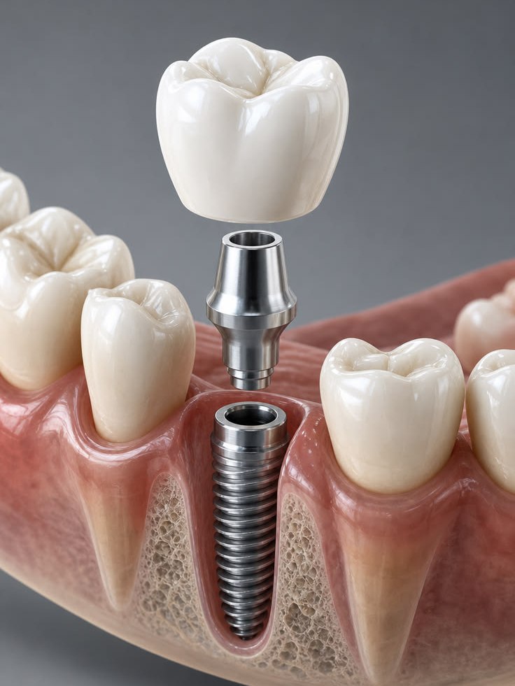 Ilustração de implante unitário em partes: coroa, pilar e implante de titânio instalado no osso, entre dois dentes naturais